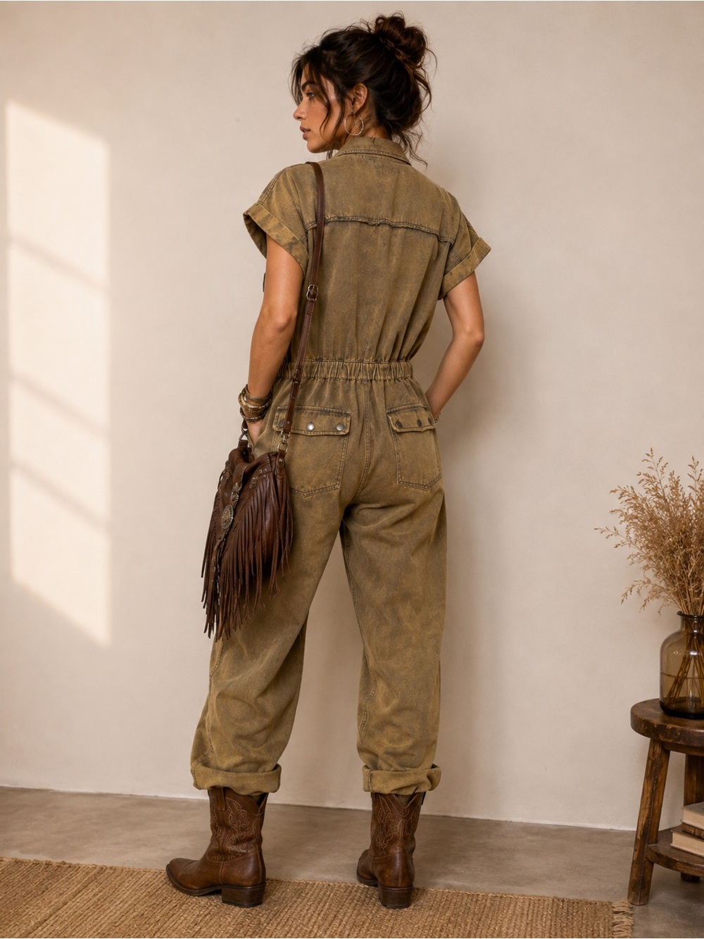 POL Olive Utility Jumpsuit Large Boho Western Acid Wash Short Sleeve Coverall - Picture 2 of 4
